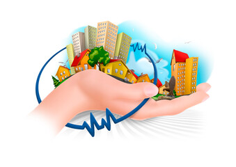 Hand holds a small city that surrounds the information ring illustration