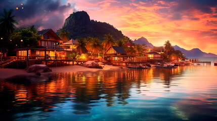 Obraz premium Beautiful sunset on the sea with palm trees and cute houses and boats Generative AI