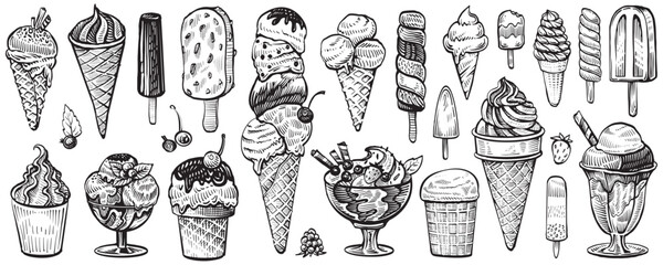 Ice cream vector sketch desserts. Hand drawn wafer cone, gelato, chocolate glazed, sundae, and ice cream served in a glass bowl. - obrazy, fototapety, plakaty