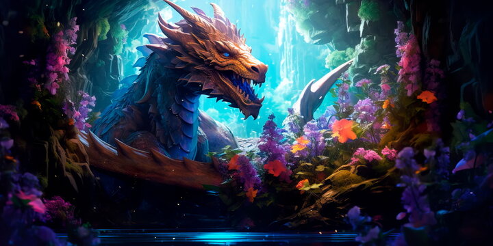 dragon resting in the middle of a fairy forest framed by flowers and water streams