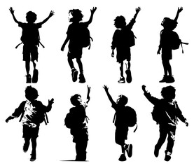 silhouette of boy wearing school bag waving hand, back to school