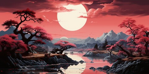 AI Generated. AI Generative. Beautiful nature outdoor landscape beautiful sunset. coastline sea trees with sun moon mountain. Graphic Art