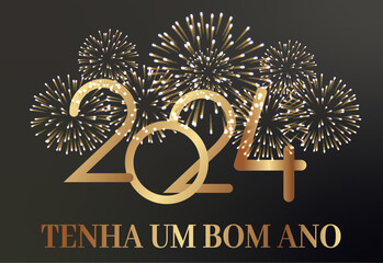 cartão ou banner para desejar um feliz ano novo 2024 em ouro com atrás de um fogo de artifício de cor dourada em um fundo gradiente preto e cinza