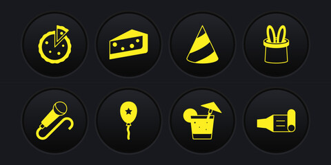Set Microphone, Magician hat and rabbit ears, Balloon with ribbon, Cocktail, Party, Piece of cake, Birthday party horn and Homemade pie icon. Vector