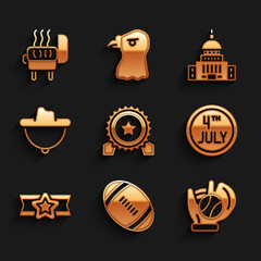 Set Medal with star, American Football ball, Baseball glove, Calendar date July 4, Star military, Western cowboy hat, White House and Barbecue grill icon. Vector
