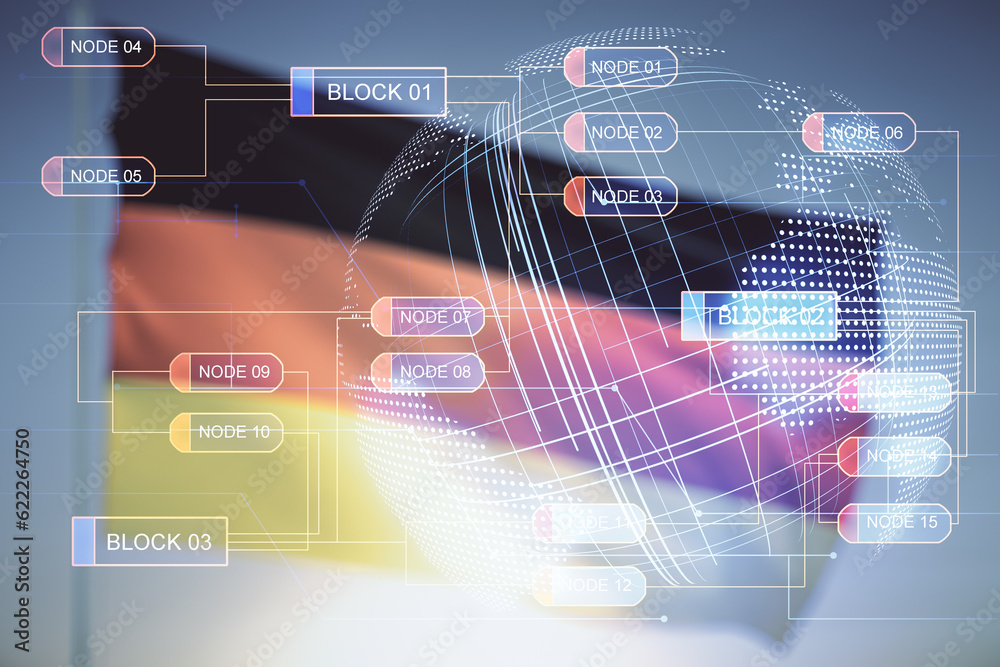 Poster abstract virtual coding concept and world map hologram on flag of germany and sunset sky background.