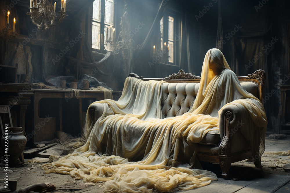 Poster a ghostly apparition floating through a decrepit mansion, with tattered curtains and broken furnitur