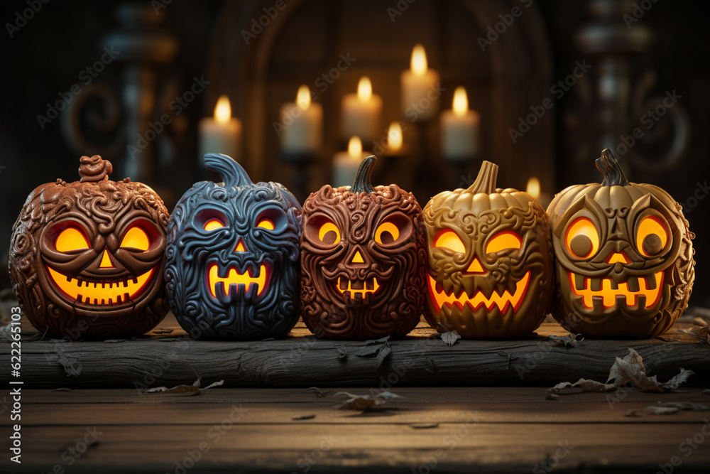 Poster A group of carved pumpkins, each with its own unique expression and flickering candles inside.  Generative AI technology.