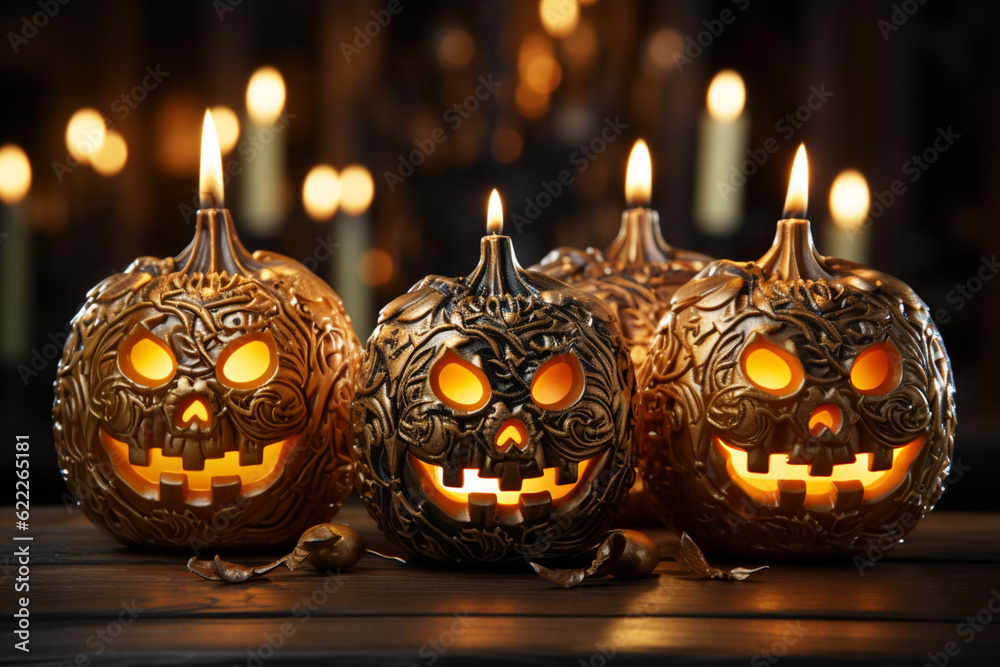 Poster A group of carved pumpkins, each with its own unique expression and flickering candles inside.  Generative AI technology.
