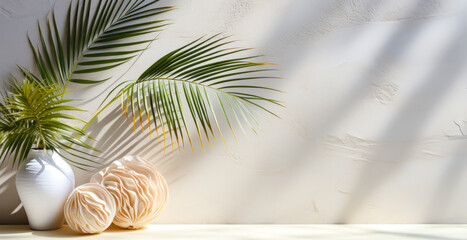 idea of banner, a pot with a palm tree against the wall, minimalism in the interior. AI generated