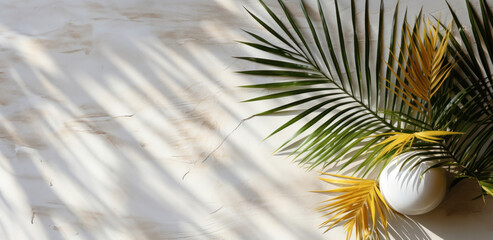 The idea of a poster or banner, palm tree against the wall, minimalism in interior. AI generated