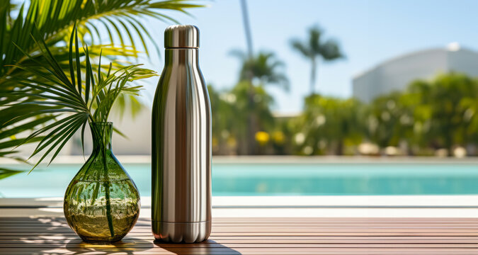 metal bottle for water on background of a swimming pool, fitness or wellness equipment. AI generated