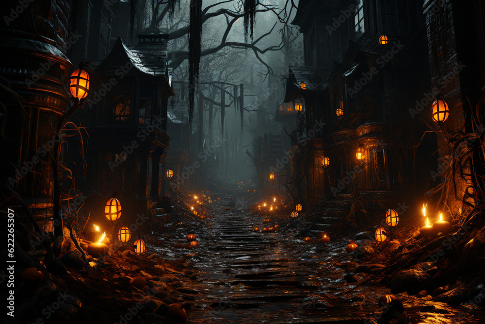 Poster a spooky haunted trail, with lanterns lighting the way and unexpected scares lurking around every co