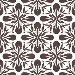 Dark floral pattern with brown and white flowers repeats on a white background, creating an elegant and intricate damask design.