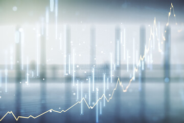 Double exposure of abstract creative financial chart hologram on empty modern office background, research and strategy concept