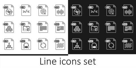 Set line PNG file document, DOC, AVI, GIF, 3DS, MP3, TXT and XSL icon. Vector