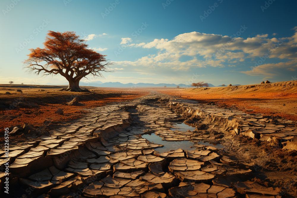 Poster a barren landscape with dried-up rivers and cracked earth, representing the devastating effects of a