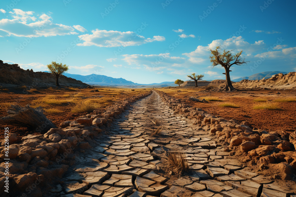 Poster a barren landscape with dried-up rivers and cracked earth, representing the devastating effects of a