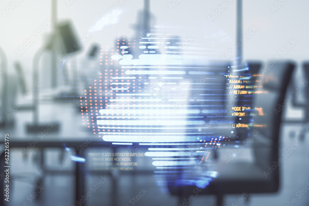Poster multi exposure of abstract programming language hologram and world map on a modern furnished office 