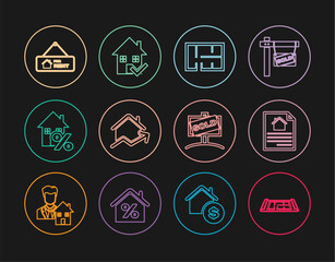 Set line House plan, contract, Rising cost of housing, with percant, Hanging sign For Rent, Sold and check mark icon. Vector