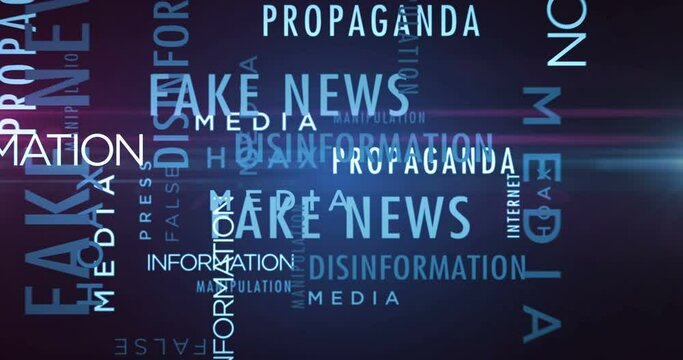 Fake news kinetic text abstract concept animated. Disinformation propaganda hoax and false typography 3d words cloud animation.