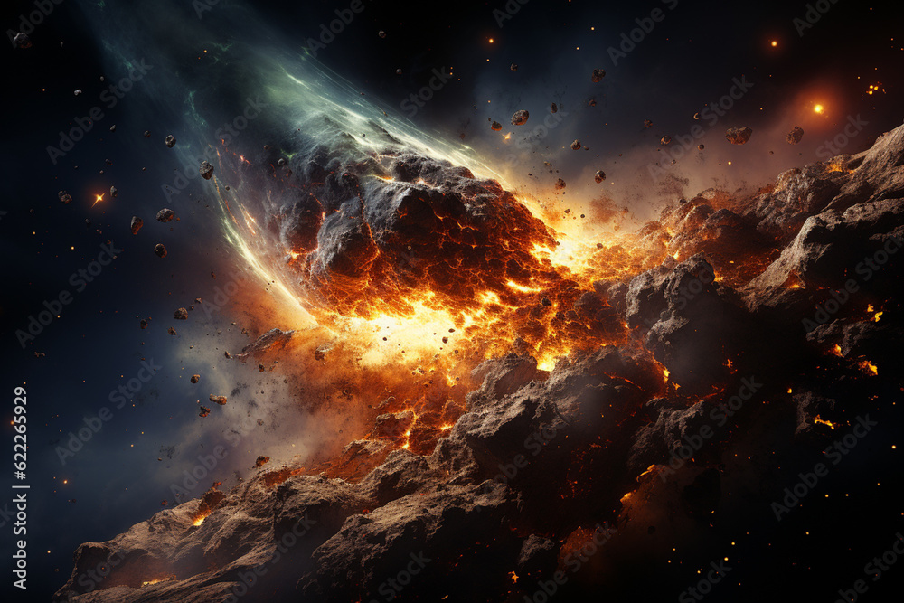 Poster a dramatic scene of an incoming asteroid, with flames and smoke engulfing the sky, foretelling the e