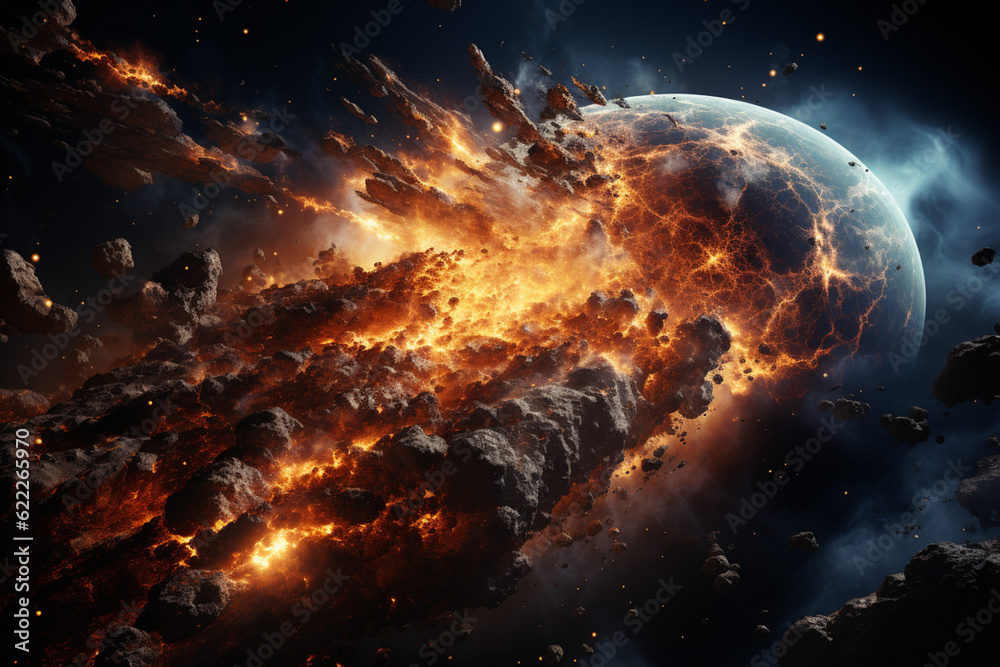 Poster a dramatic scene of an incoming asteroid, with flames and smoke engulfing the sky, foretelling the e