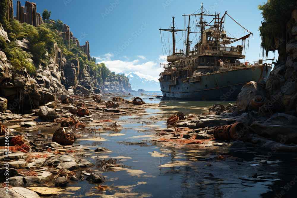 Poster a devastated coastline, with eroded beaches, crashed ships, and the remnants of what was once a bust