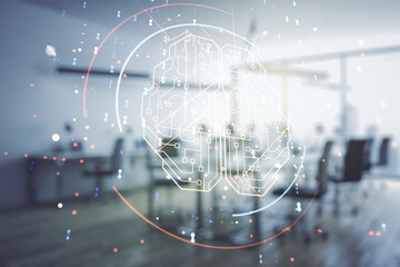 Virtual creative artificial Intelligence hologram with human brain sketch on a modern furnished office background. Multiexposure