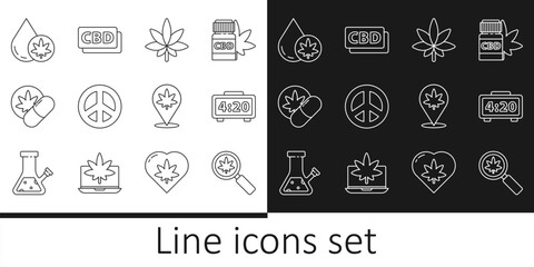 Set line Magnifying glass and marijuana, Digital alarm clock, Marijuana or cannabis leaf, Peace, Herbal ecstasy tablets, olive oil, Location and Cannabis molecule icon. Vector