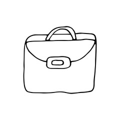 Briefcase. Rectangular bag. Leather goods. Accessory. Doodle. Vector illustration. Hand drawn. Outline.