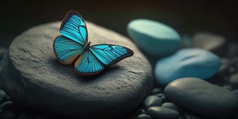 AI Generated. AI Generative. Beautiful blue butterfly on zen stone pebble. Calm meditation nature outdoor landscape. Zen spiritual vibe. Graphic Art