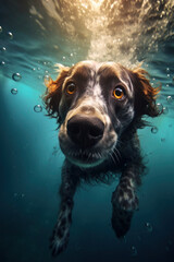 closeup wide angle underwater photo upshot of a dog underwater. cute, funny pet swims. generative ai, ai, generative