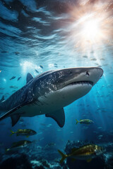 Obraz premium Great White Shark swims in the ocean near the reef. undersea world. close up shot. generative ai, ai, generative