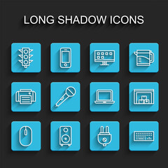 Set line Computer mouse, Stereo speaker, Traffic light, Electric plug, Keyboard, Microphone, Warehouse and Laptop icon. Vector