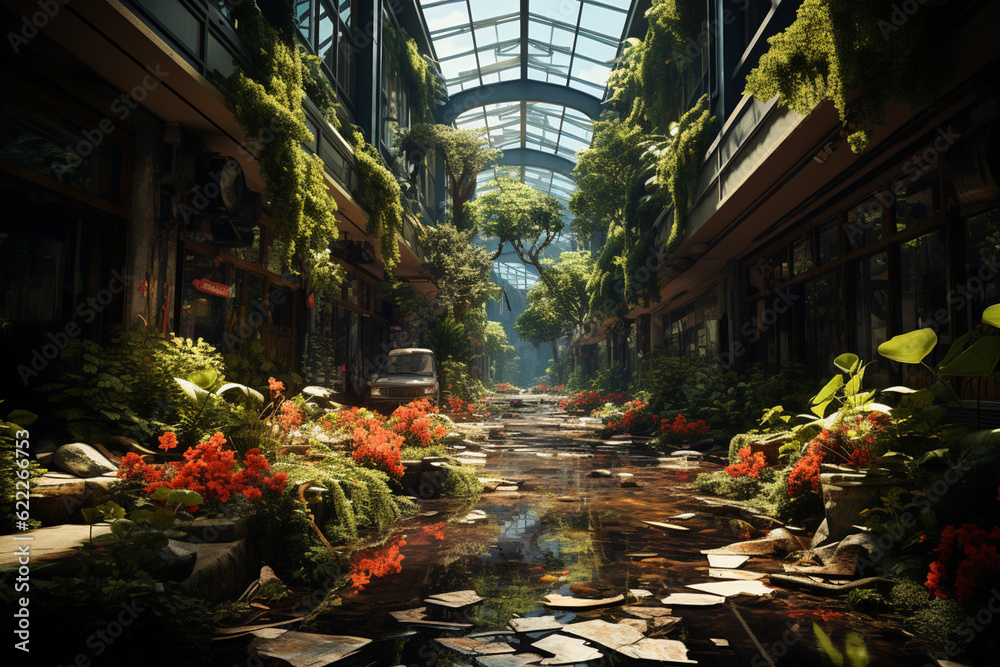 Aufkleber a ruined and overgrown shopping mall, with shattered glass windows and empty storefronts, symbolizin