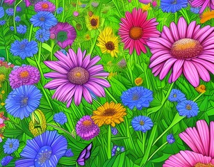 Beautiful Flower Field in Summer. Illustration Ai generated