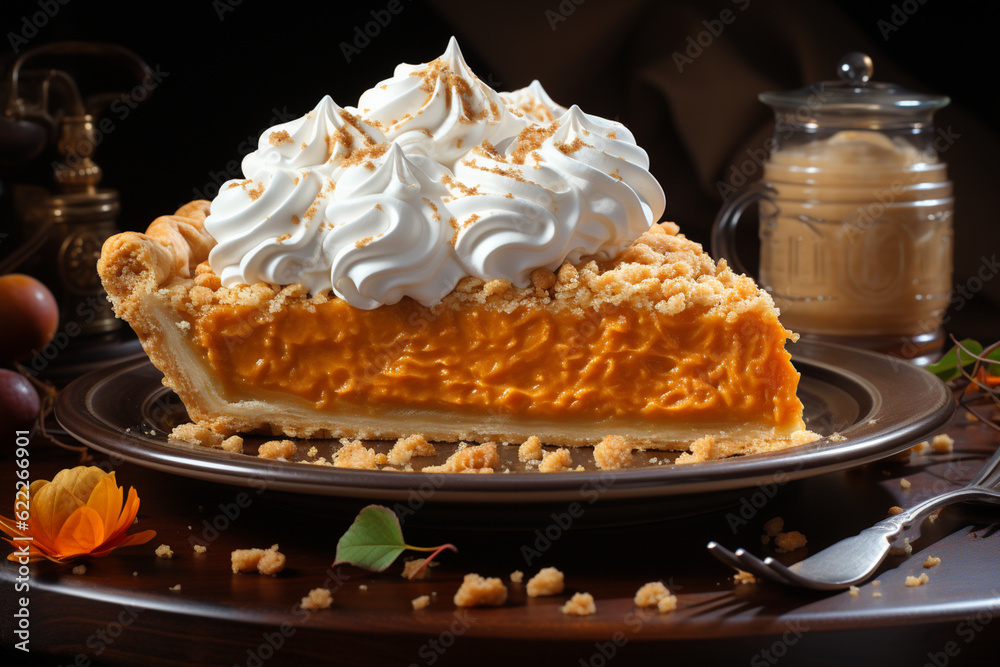 Poster a close-up of a slice of pumpkin pie with a dollop of whipped cream, highlighting the delicious dess
