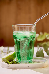 Aesthetic lime healthy tarragon detox sparkling cocktail. Non alcoholic vitaminized healthy beverage. Green Mocktail for St. Patricks Day.