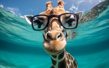 A close-up of a giraffe wearing stylish glasses. AI - obrazy, fototapety, plakaty