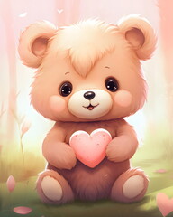 adorable bear character holding heart, cartoon for valentine's day created by generative ai