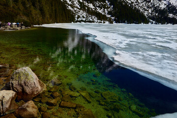 Morskie Oko lake ,Eye of the Sea, at Tatra mountains in Poland. Famous Polish resort at Tatra National Park near Zakopane city.
