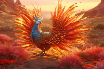 Psychedelic phoenix rising from the flames. AI generated