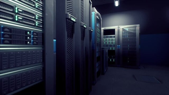 Supercomputers in rows, all switched on in a server room