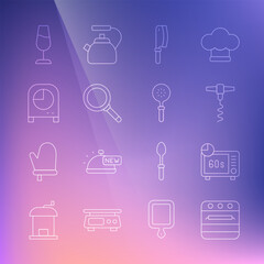 Set line Oven, Microwave oven, Wine corkscrew, Meat chopper, Frying pan, Kitchen timer, glass and Spatula icon. Vector