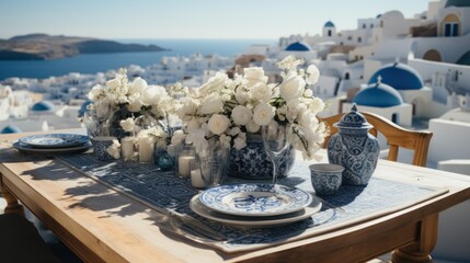 wedding blue table setting at the restaurant  santorini greece, on the terrace