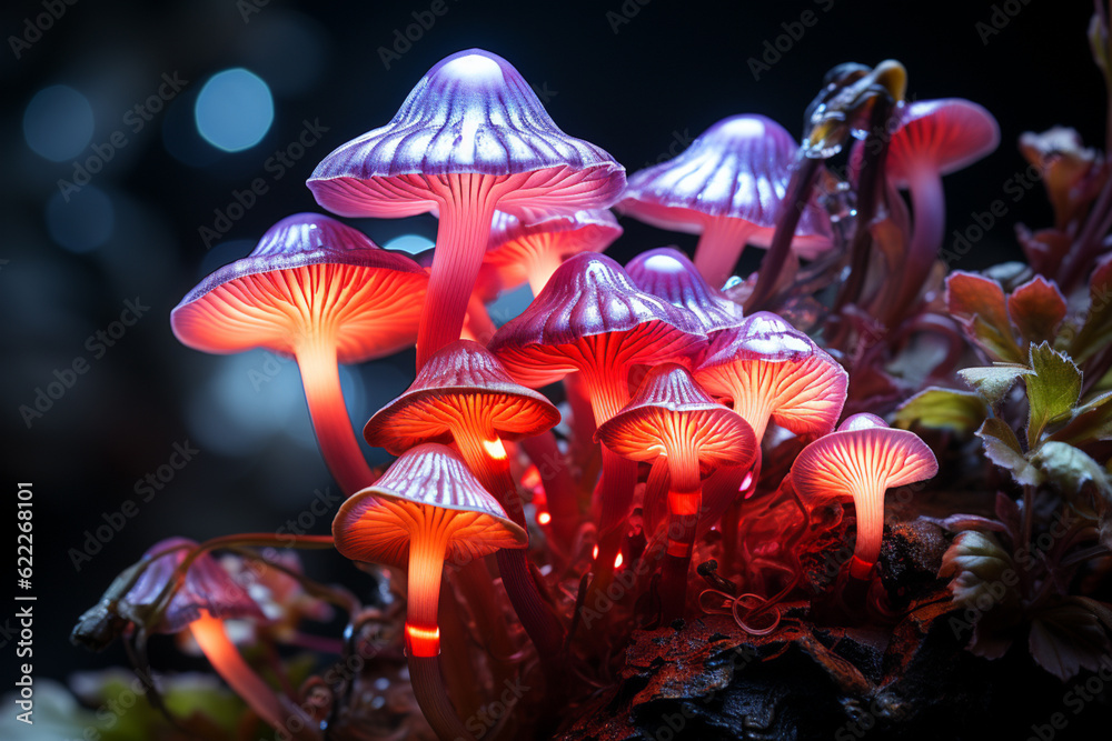 Poster close up bunch mushrooms color light. beautiful plant minimal in neon light. generative ai technolog