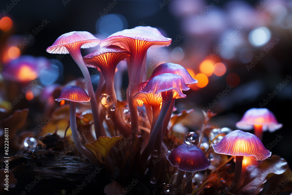 Poster close up bunch mushrooms color light. beautiful plant minimal in neon light. generative ai technolog