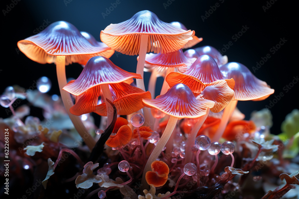 Poster close up bunch mushrooms color light. beautiful plant minimal in neon light. generative ai technolog