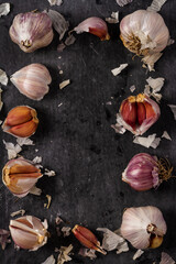 Fresh garlic bulbs and cloves grouped on black background